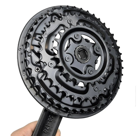 Close-up of Beefy Universal Square Crank Set 42 34 24T For Mountain Bikes 170mm Arm showing chainrings and crank arm