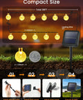 Compact display of 64ft 100 LED Crystal Globe Solar String Lights Outdoor Waterproof With 8 Lighting Modes, installation steps shown.