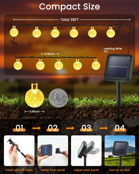Compact display of 64ft 100 LED Crystal Globe Solar String Lights Outdoor Waterproof With 8 Lighting Modes, installation steps shown.