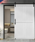 Solid 46 Inch By 80 Inch MDF Barn Door Plus Eight Foot Rolling Hardware Kit And Ultra Waterproof PVC Surface installed in modern room.