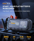 Hella Tough Kickstarts Heavy Duty 8000A Peak Current Car Jump Starter With 65W Fast Charging shown with clamps on a car engine.