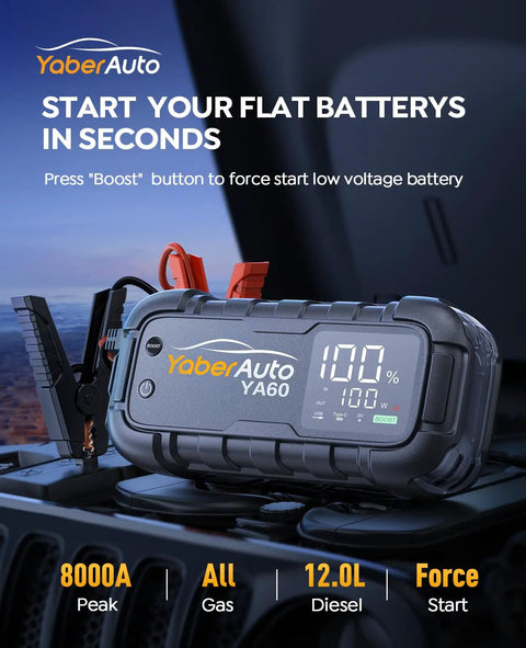 Hella Tough Kickstarts Heavy Duty 8000A Peak Current Car Jump Starter With 65W Fast Charging shown with clamps on a car engine.