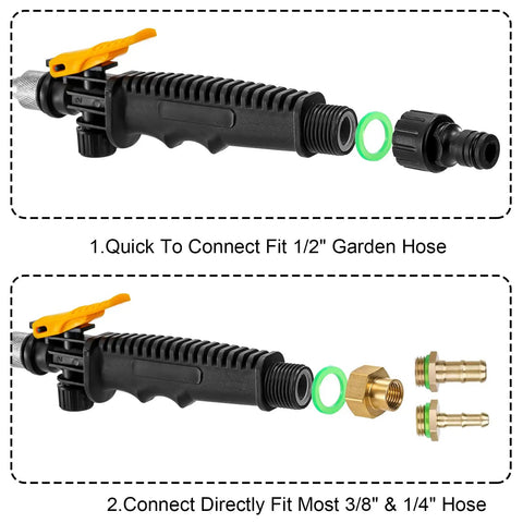 Beefed Up 28 Inch Stainless Sprayer Wand With Brass Barbs For One Quarter And Three Eighth Inch Hoses Universal Sprayer Replacement With Shutoff Valve Includes 2 Hose Clamps And One Half Inch Quick Connector, showing connections for 1/2 inch, 3/8 inch, and 1/4 inch hoses.