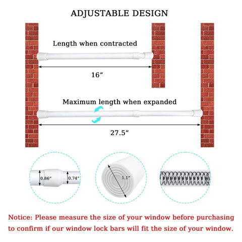 Adjustable Window Security Bar For Sliding Doors 15.7 To 27.5 Inches With Rubber Tips And 1.2 Inch Diameter White Tension Rod Lock Bar