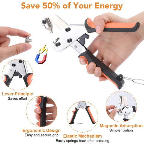 Heavy Duty Snap Fastener Tool Kit With 100 Pairs Of 15mm Stainless Steel Snaps For Fabric And Leather Sewing DIY Crafts Orange Pliers Set With 3 Replacement Heads And Storage Box held in hand showing ergonomic design
