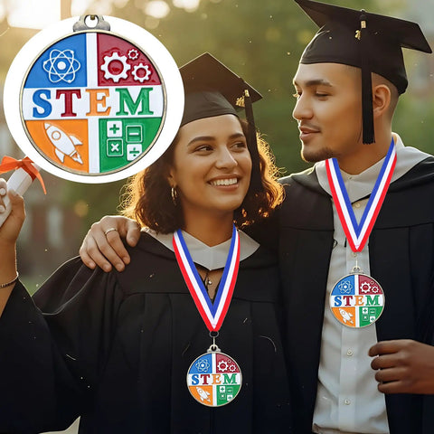 Graduates wearing STEM medals from the 20 Pack 2 Inch Science Education Medals With Neck Ribbons Bulk Academic Award Prizes
