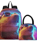 Neon insulated lunch backpack with built-in cooler and matching smaller bag, featuring a colorful bear with sunglasses design.