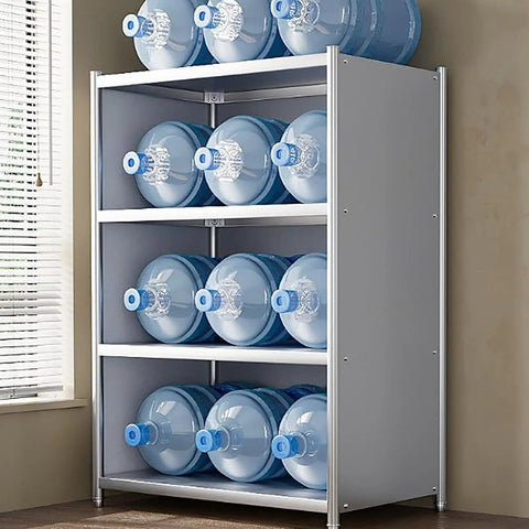 Tough As Nails Heavy Duty Stainless Steel Shelving Rack Featuring Rustproof Construction And Slick Metal Storage Organizer For Commercial Kitchen Warehouse Or Garage Setup with stacked water bottles.
