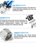 Push To Connect Pneumatic Fittings One Half Inch Tube OD To One Half Inch NPT Male Straight Quick Connect Copper And Plastic Construction Works With PU And PA Tubing 0 To 145 PSI Pack Of Two, showing 360 rotation, locking spring, and compact connection features.