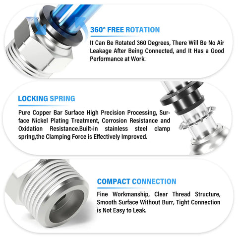 Push To Connect Pneumatic Fittings One Half Inch Tube OD To One Half Inch NPT Male Straight Quick Connect Copper And Plastic Construction Works With PU And PA Tubing 0 To 145 PSI Pack Of Two, showing 360 rotation, locking spring, and compact connection features.