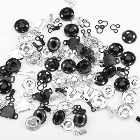 50 Pairs Hook And Eye Set For Sewing, 3 Styles Metal Latches And Press Studs Fasteners Kit in black and silver
