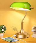 Green Glass Bankers Lamp With 2 USB Ports And Touch Control Brass Base 3 Way Dimmable Vintage Desk Lamp For Home Office Nightstand Bedroom Library Piano LED Bulb Included showing charging function