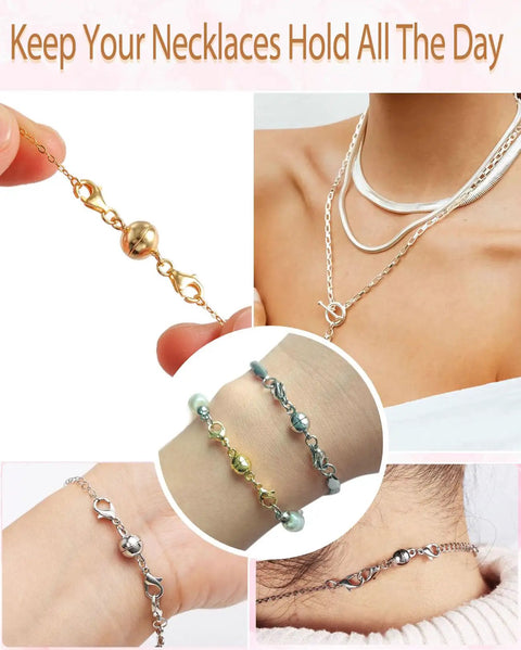 Magnetic Bead Necklace Clasp Closure for Jewelry Converters and Bracelet Extenders shown with necklaces and bracelets.