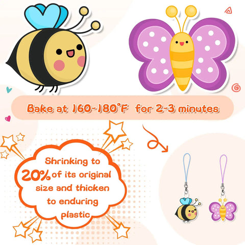 Shrink Plastic Sheets Kit 171 Pcs For Christmas Crafting Heat Shrink Art Keychain Kit illustration with bee and butterfly design.