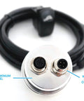 Razorback infrared belt temp gauge sensor head; front close-up, machined aluminum cup and two water-tight connectors.