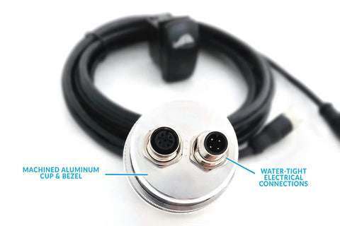 Razorback infrared belt temp gauge sensor head; front close-up, machined aluminum cup and two water-tight connectors.