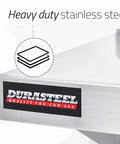 Close-up of Durasteel stainless label on a Stainless Steel Wall Shelf 24 Inch Wide by 12 Inch Deep, Heavy Duty Beefed Up Commercial Grade Storage.