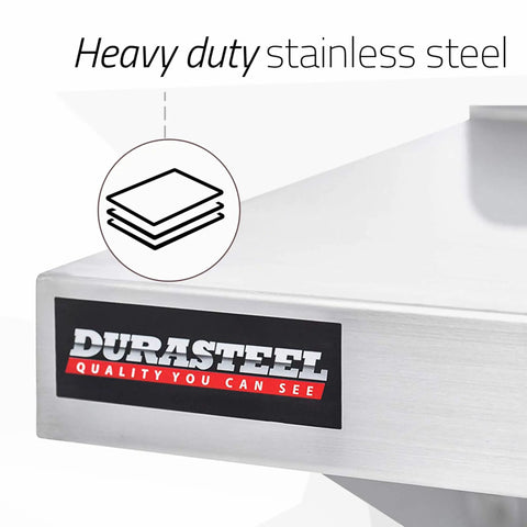 Close-up of Heavy Duty Wall Mount Shelf 36 Inch Wide by 14 Inch Deep Stainless Steel Floating Shelves NSF Certified, logo visible