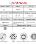 Specification chart for Inductive Proximity Sensor M8 Cylindrical Switch PR08 2DO 2 Wire Normally Open DC 12 24V 2mm Sensing Distance Non Shielded CE Industrial Detector for Automation and Machinery, nickel plated brass housing