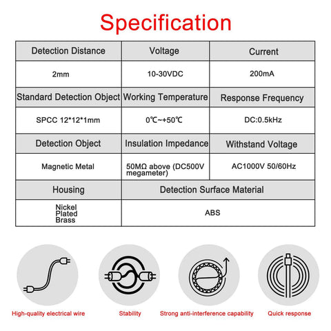 Specification chart for Inductive Proximity Sensor M8 Cylindrical Switch PR08 2DO 2 Wire Normally Open DC 12 24V 2mm Sensing Distance Non Shielded CE Industrial Detector for Automation and Machinery, nickel plated brass housing