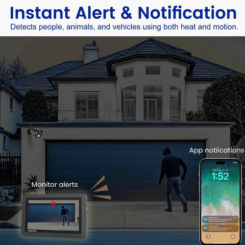 Plug And Play DIY Wireless Security Camera System With 7 Inch Touchscreen Monitor And Two 720p Cameras No Monthly Fees AC Powered Two Way Audio Free App Micro SD Card Included Battery Installed Model VS802 showing alert notifications