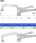Two Pack 14 Inch Bench Clamp System For Welding Tables Heavy Duty C Clamps With M8 Bolts Deep Reach Jaw Four Seven Eight Inch Throat Five And Five Eighth Inch Table Mounted Ideal For Welding Woodworking Drilling Routing And Assembly, silver steel clamp with 4-7/8 in jaw and 5-5/8 in throat