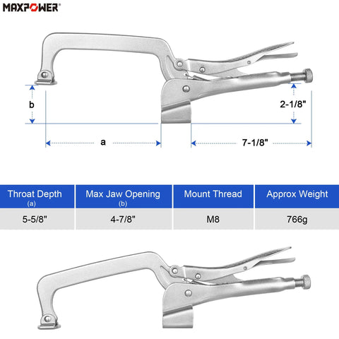 Two Pack 14 Inch Bench Clamp System For Welding Tables Heavy Duty C Clamps With M8 Bolts Deep Reach Jaw Four Seven Eight Inch Throat Five And Five Eighth Inch Table Mounted Ideal For Welding Woodworking Drilling Routing And Assembly, silver steel clamp with 4-7/8 in jaw and 5-5/8 in throat