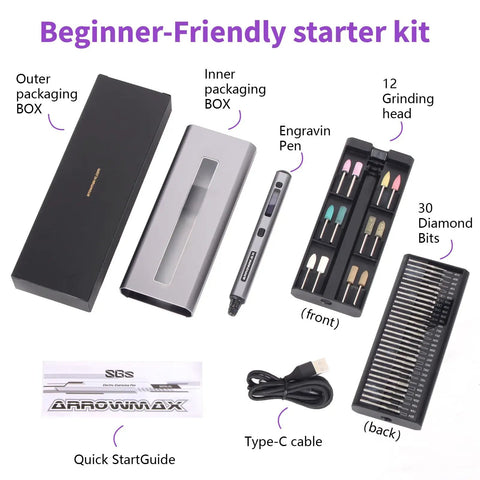Mini Cordless Rotary Tool Kit With 5 Speed Settings And 30000 RPM 42 Accessory Set in packaging with USB-C cable and guide
