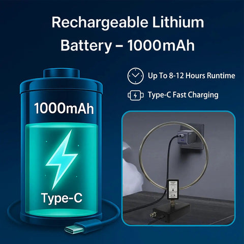 Image of Active Loop Antenna with USB-C port and 1000mAh battery for shortwave radio, highlighting rechargeable feature and fast charging.