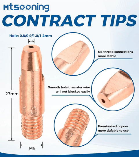 Top 26Pc MIG Welder Accessory Kit For MB 24KD Gun With Snappy Gas Nozzles Ceramic Shunts And Red Copper Contact Tips Ready To Go, showing copper contact tip details.