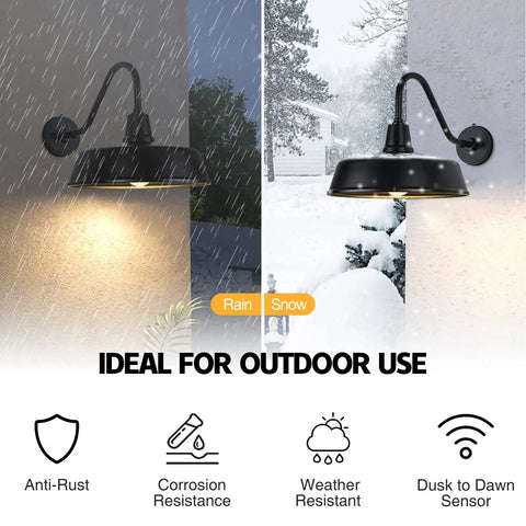 Gooseneck Barn Light 15 Inch Black Dusk To Dawn Exterior Barn Light With Photocell Sensor in rain and snow weather conditions