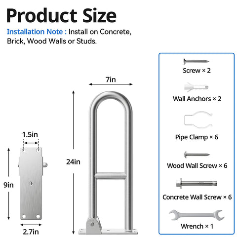 Heavy Duty Toilet Grab Bar Flip Up Folding Safety Handrail For Bathroom Wall Mount 304 Stainless Steel Top Notch Brushed Finish installation size diagram.