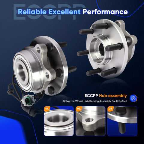Replacement Wheel Bearing And Hub Assembly With ABS For Nissan Frontier Pathfinder Xterra And Suzuki Equator 4x4 6 Lug Front Or Rear 2005 2019 Heavy Duty Quality Replacement Parts shown in metal finish.