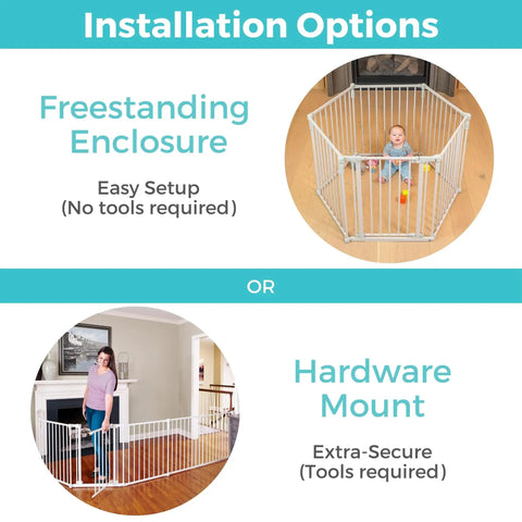 3 In 1 Metal Superyard Baby Play Yard With 6 Panel Playpen, Gate, And Extra Wide Fence For Toddlers, freestanding or hardware mount use