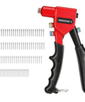 Pro Grade Hand Riveter Kit with four interchangeable heads and 100 rivets for metal, gutter, automotive work, side view