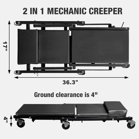 Smooth Operator Two In One Foldable Garage Shop Creeper Folds To A Stool For Laid Back Breaks Thick Padded Vinyl Seat 36 Inch Wide Black Stand Takes 300 Lbs Heavy Load On Six Gliding Caster Wheels