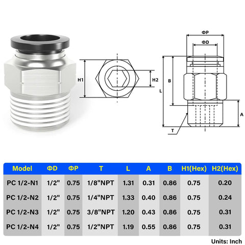 Push To Connect Pneumatic Fittings One Half Inch Tube OD To One Half Inch NPT Male Straight Quick Connect Copper And Plastic
