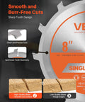 Close-up of an 8-inch dado blade showing its sharp tooth design and smooth cut comparison for plywood and hardwood.