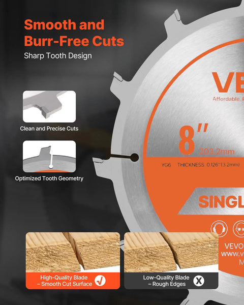 Close-up of an 8-inch dado blade showing its sharp tooth design and smooth cut comparison for plywood and hardwood.