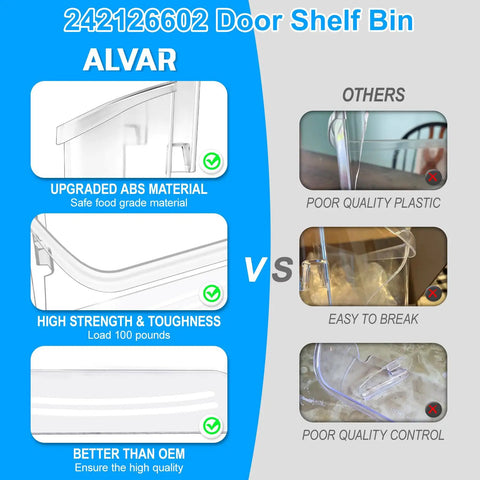 Two Pack Refrigerator Door Bin Shelf Replacement Upgraded Durable Bottom Shelf Rack For Compatible Fridge Models Sixteen Inch Long Front Bin Five And A Half Inch Deep Five And Three Quarter Inch High Easy Install vs poor plastic quality comparison