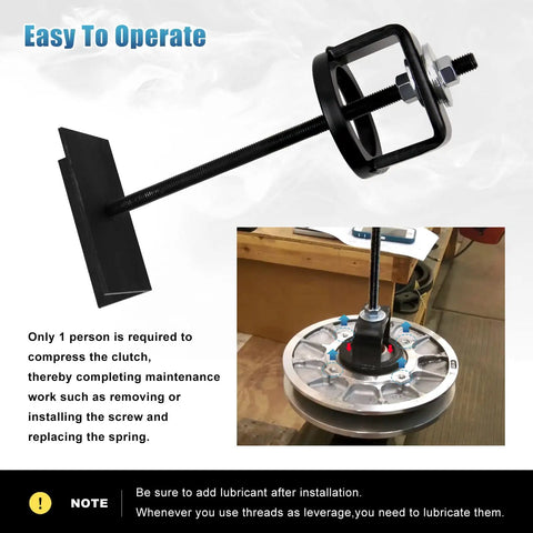 Clutch Compression Tool CCT510 For Polaris Kawasaki Yamaha Arctic Cat And More ATV UTV Snowmobile Replacement For Belt Driven Secondary Clutches in use showing one-person operation for spring maintenance.