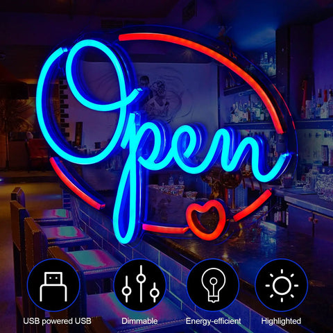 Open Sign For Business 16x12 Inch LED Neon Sign USB Powered Brightness Adjustable For Window Bar Store Party Decor Eye Catching Neon Light Sign Perfect For Day Or Night shown in a bar setting.