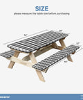 Elastic Edge Picnic Table Cover And Bench Covers Set For Outdoor Use Waterproof And Oil Resistant 96x30 Inch Table Cover And 96x12 Inch Bench Covers Black And White 3 Piece Kit For Camping Garden Patio displayed on wooden picnic table