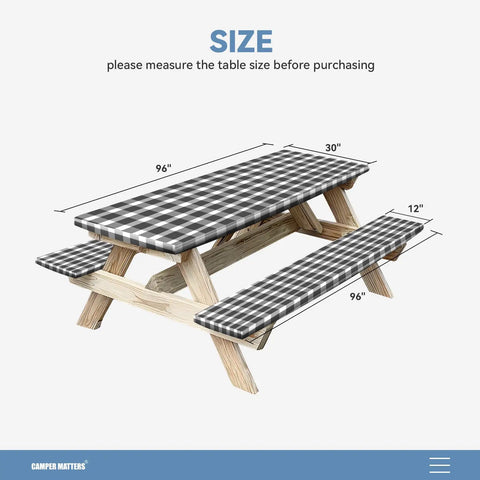 Elastic Edge Picnic Table Cover And Bench Covers Set For Outdoor Use Waterproof And Oil Resistant 96x30 Inch Table Cover And 96x12 Inch Bench Covers Black And White 3 Piece Kit For Camping Garden Patio displayed on wooden picnic table