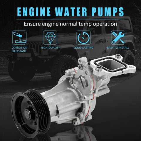 Top Tier Heavy Duty Engine Water Pump For Jeep Wrangler Jl 2.0L Turbo showcasing gray metal body and black pulley gear.