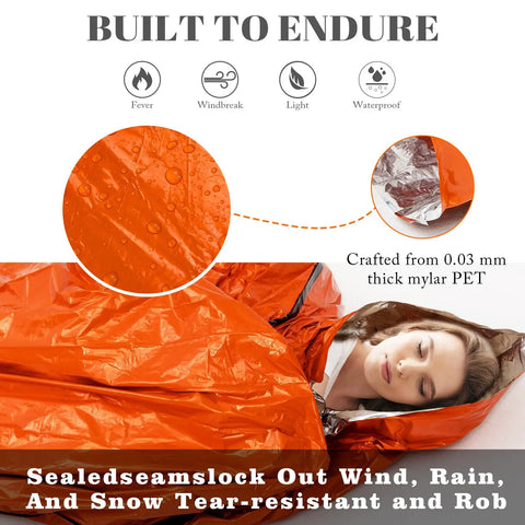 Two Pack Emergency Sleeping Bags Survival Gear For Cold Weather in use, showing 0.03 mm Mylar PET material and waterproof feature.