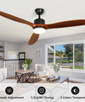 Living room with 52 Inch Indoor Outdoor Ceiling Fan With Remote And Lights Quiet Noiseless AC Motor 3 Solid Rubber Wood Blades Farmhouse Wood Finish Boss Look For Living Room Bedroom And Patio Includes Down Rods And Timer visible