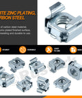 Heavy Duty 40 Piece Carbon Steel Cage Nut Assortment Kit With Snap In Square Rack Mount Clips showcasing zinc plated nuts for secure fastening.