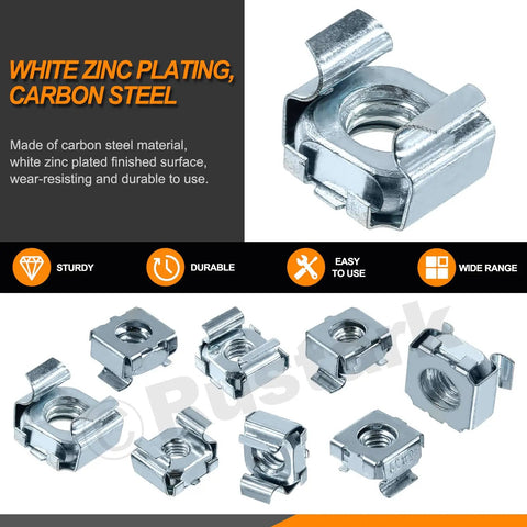 Heavy Duty 40 Piece Carbon Steel Cage Nut Assortment Kit With Snap In Square Rack Mount Clips showcasing zinc plated nuts for secure fastening.