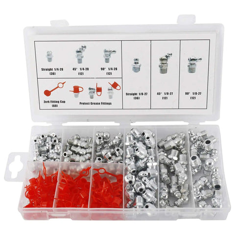 Grease Fittings Kit, 240-Piece SAE And Metric Zerk Fittings Set with caps in open case showing various fittings and caps